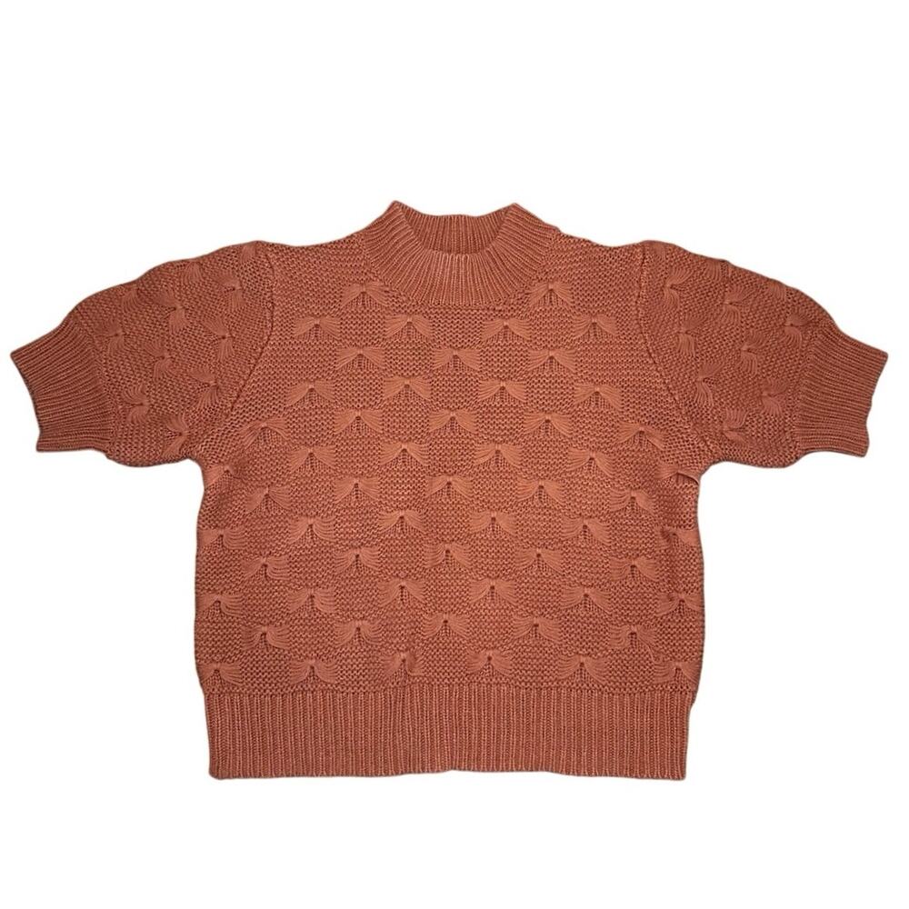 Vero Moda Rust Orange Textured Scallop Knit Mock Neck Short Sleeve Sweater